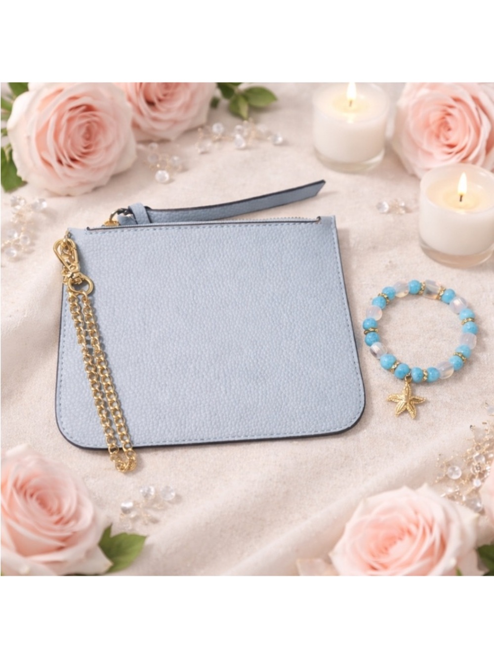 Pebbled Light Blue Wristlet Clutch with Gold Chain Strap - Picture 2 of 4